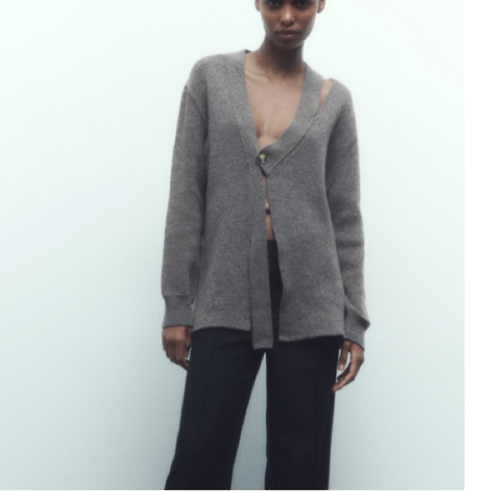 Zara Gray Cut Out Knit Wool Cashmere Blend Cardigan